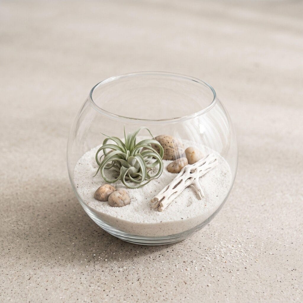 Minimalist open glass bowl desert landscape terrarium with white sand and an air plant.