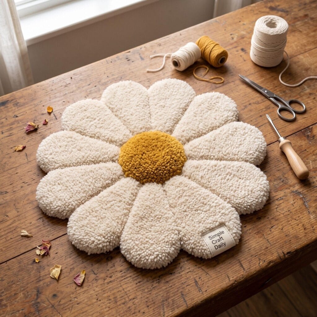 A floral motif tufted rug shaped like a stylized daisy with cream petals and a mustard center.