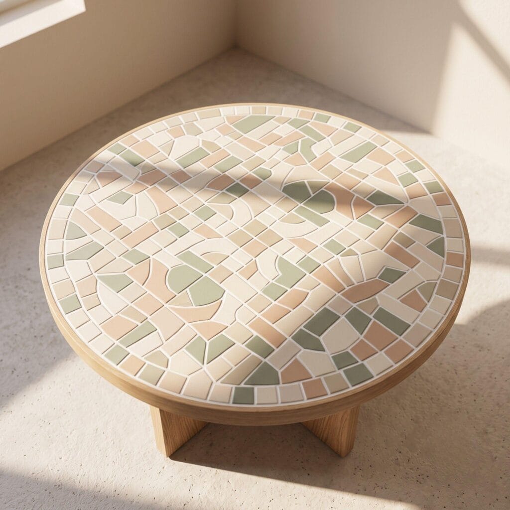A functional round side table tabletop completely resurfaced with vibrant ceramic mosaic art.