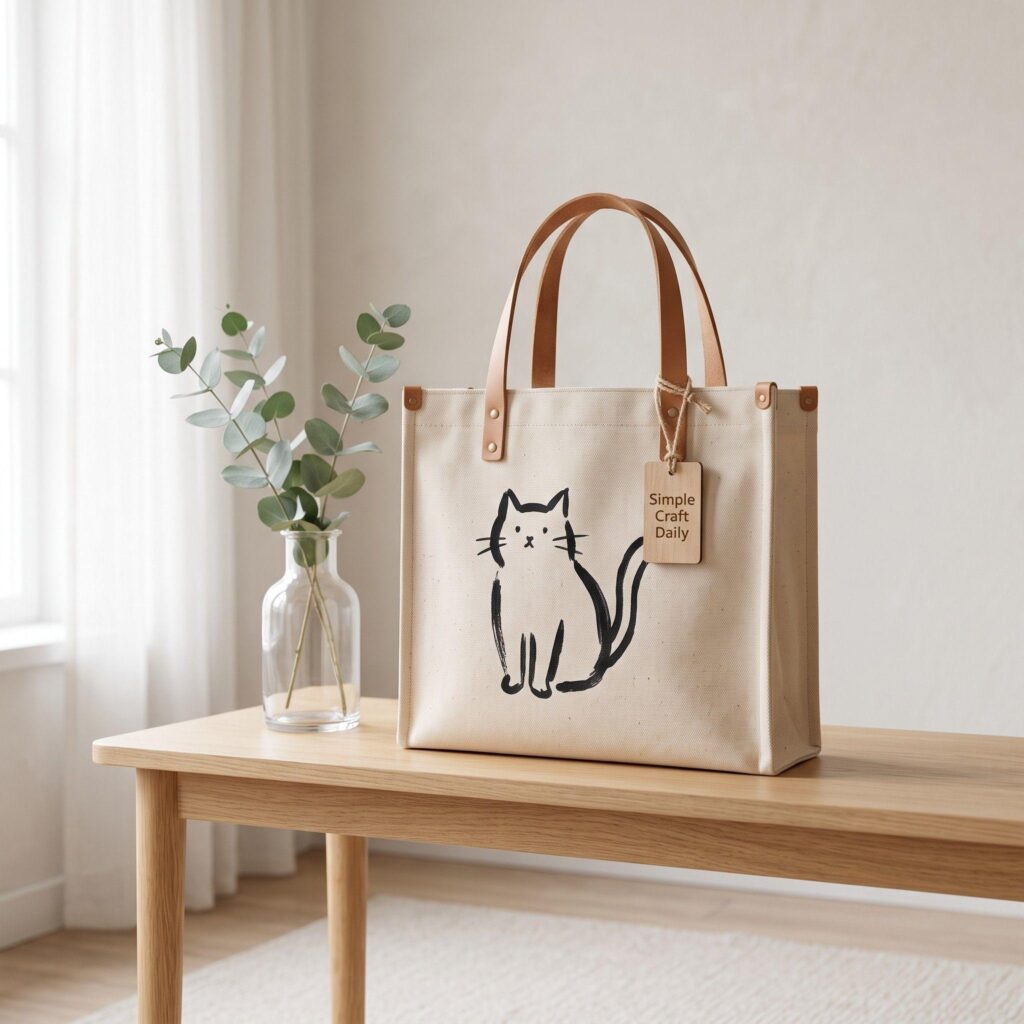 A canvas tote bag resting on a table, featuring a hand-painted minimalist cat illustration.