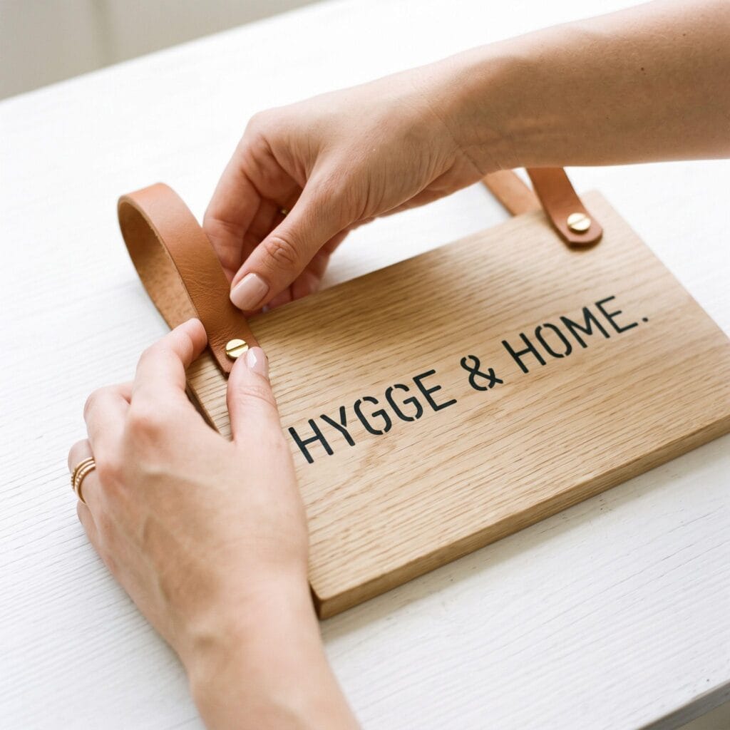 A smooth light-oak DIY wooden sign with a delicate black stencil quote, hung beautifully by two taba-colored leather straps on a white wall.