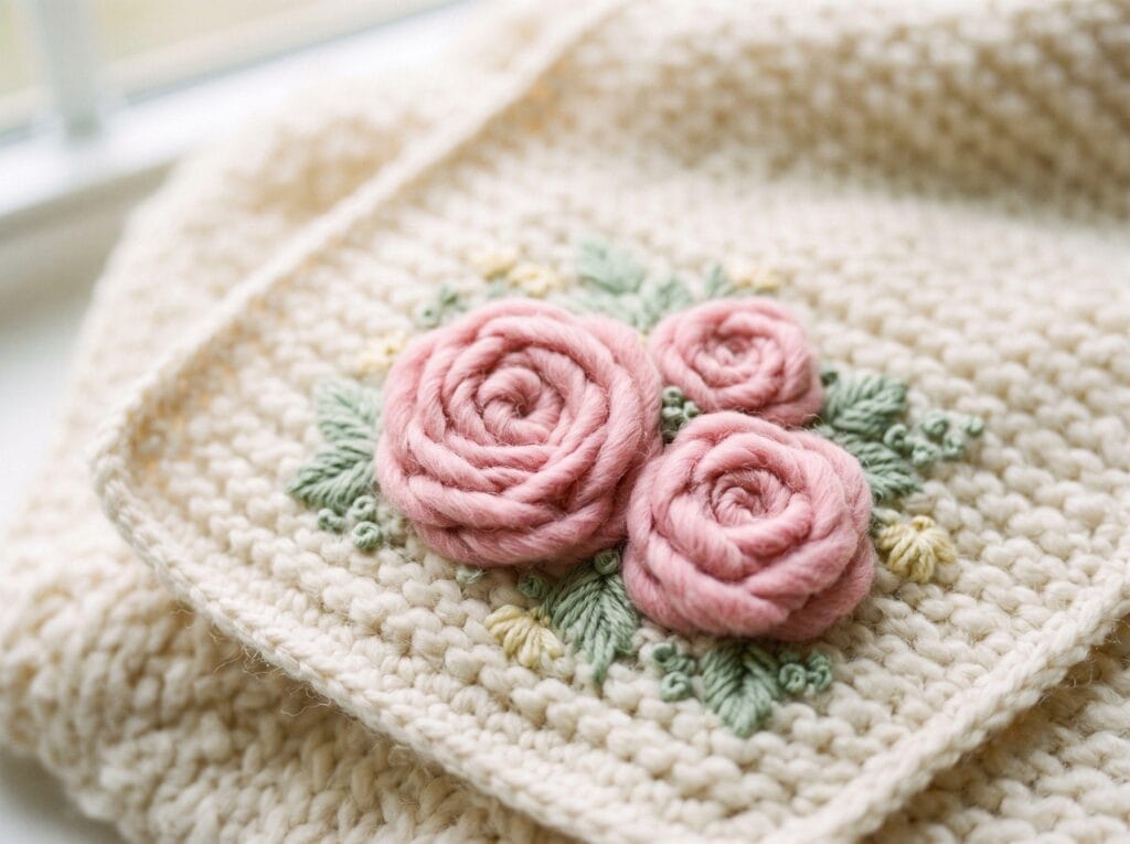 Dimensional pink woven wheel roses embroidered on a soft baby knit blanket