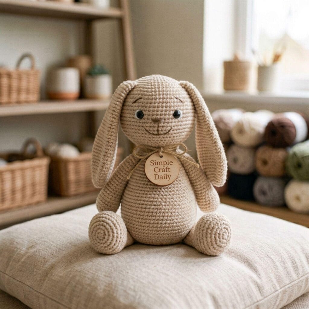 A happy crochet amigurumi bunny with a stitched smile and floppy ears sitting on a cushion.