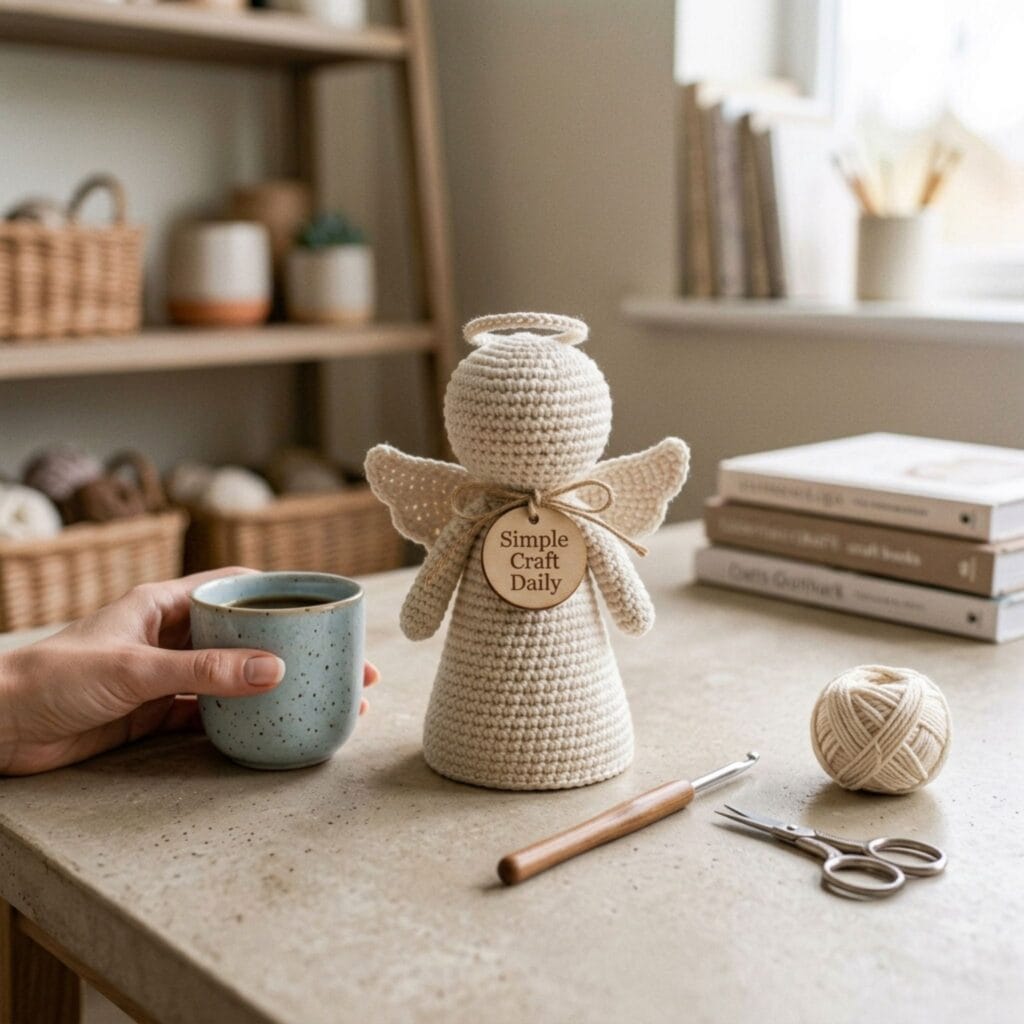 A happy crochet amigurumi bunny with a stitched smile and floppy ears sitting on a cushion.