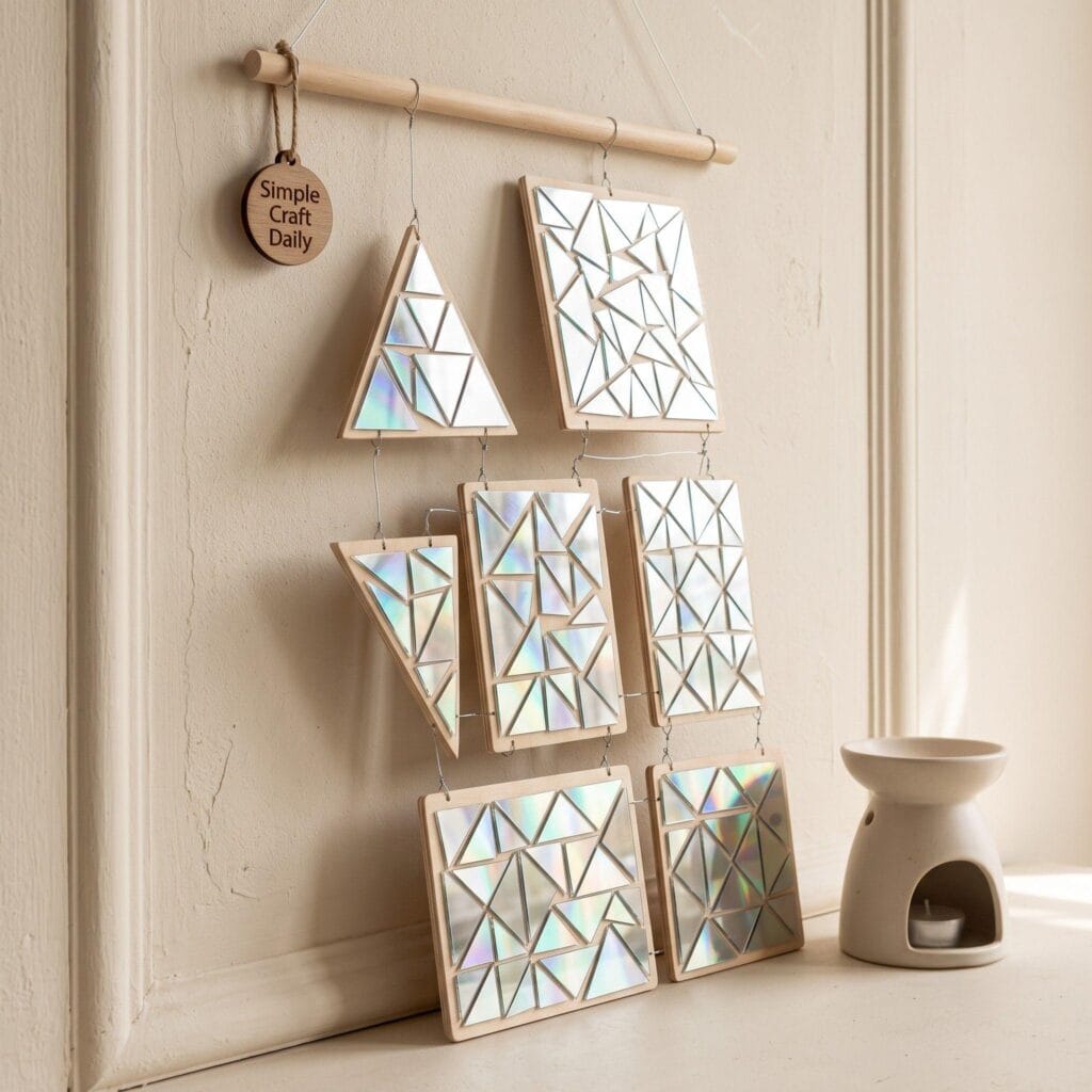 A kinetic wall sculpture made of lightweight wooden panels covered in CD mosaic patterns.