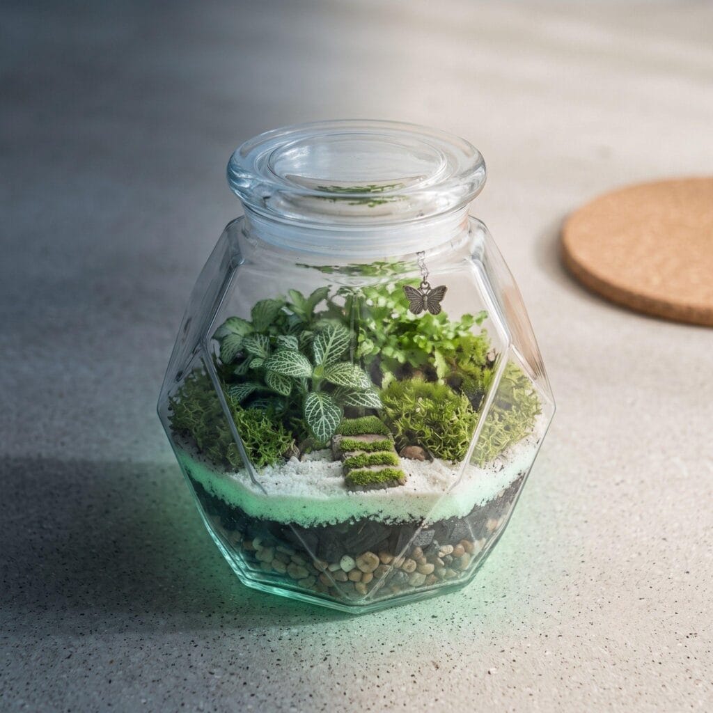 Glow-in-the-dark fairy terrarium with phosphorescent green sand illuminating whimsical moss.