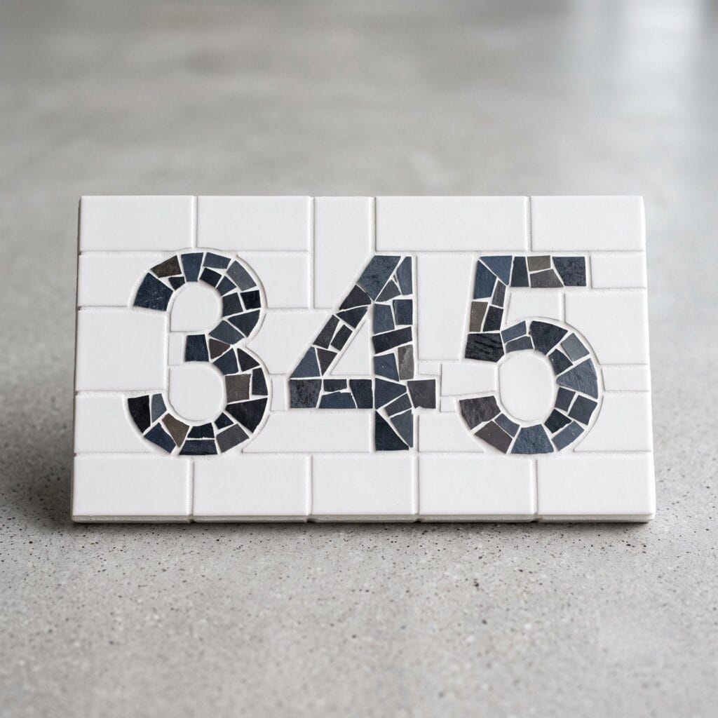 A compact rectangular plaque showing custom house numbers crafted from dark mosaic tile contrasts.