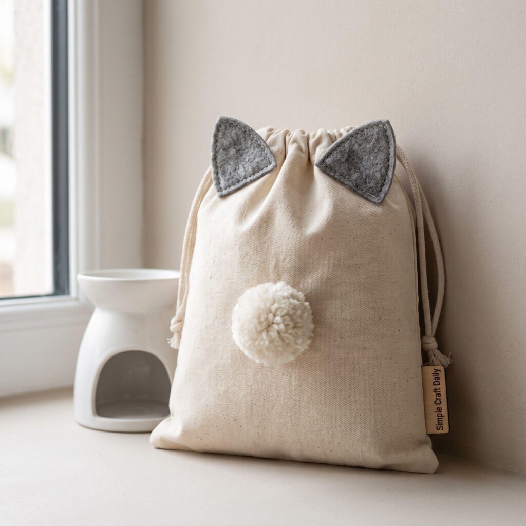 A cream drawstring bag with felt cat ears and a fluffy white pom-pom nose.