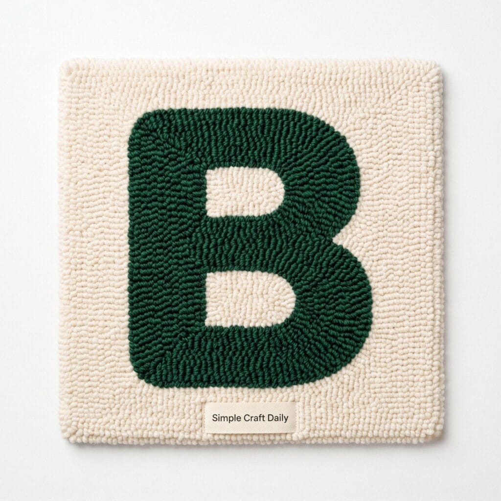 A chunky typography tufted rug featuring a dark green letter B on a cream background.