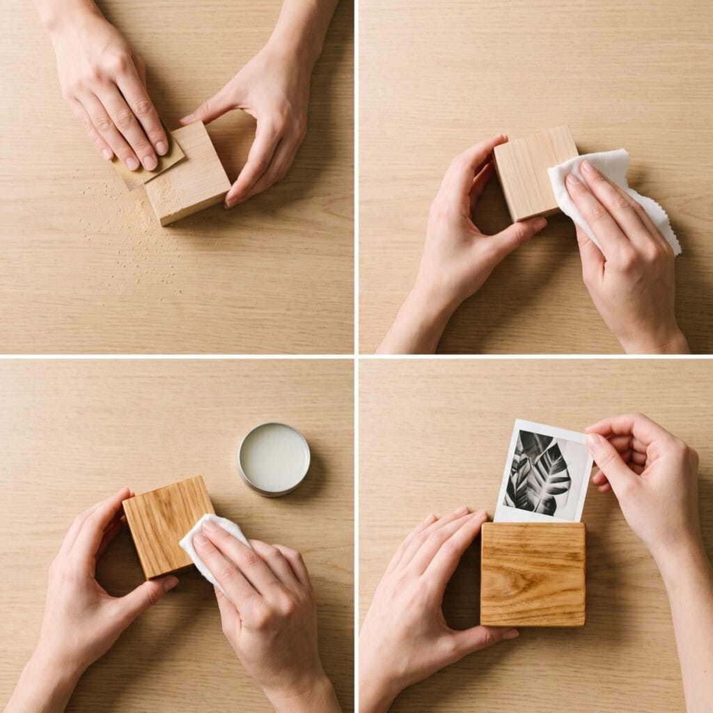 A 4-panel visual guide showing female hands sanding, cleaning, waxing, and displaying a polaroid photo in a small cubic scrap wood block.