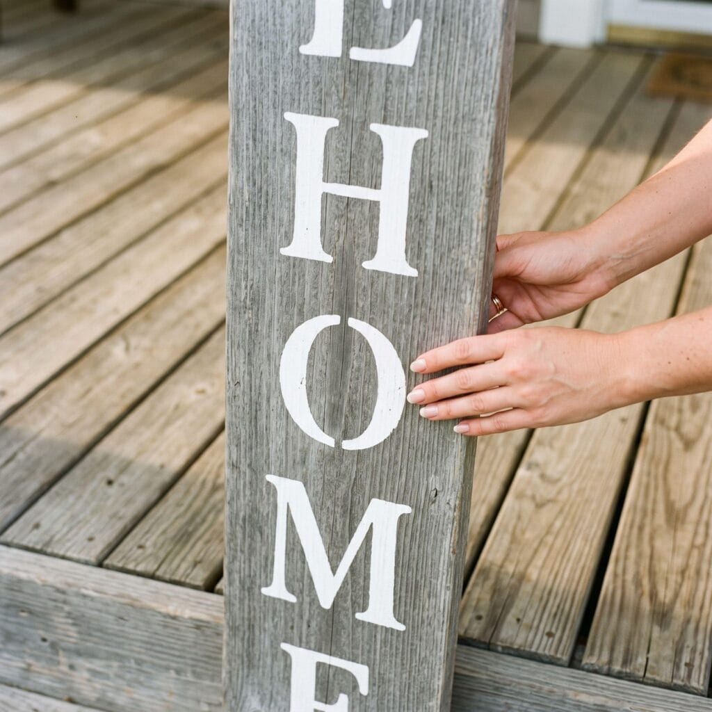 A tall, weathered-gray vertical DIY wooden sign featuring large crisp white stencil letters, styled perfectly on a bright wooden porch floor.