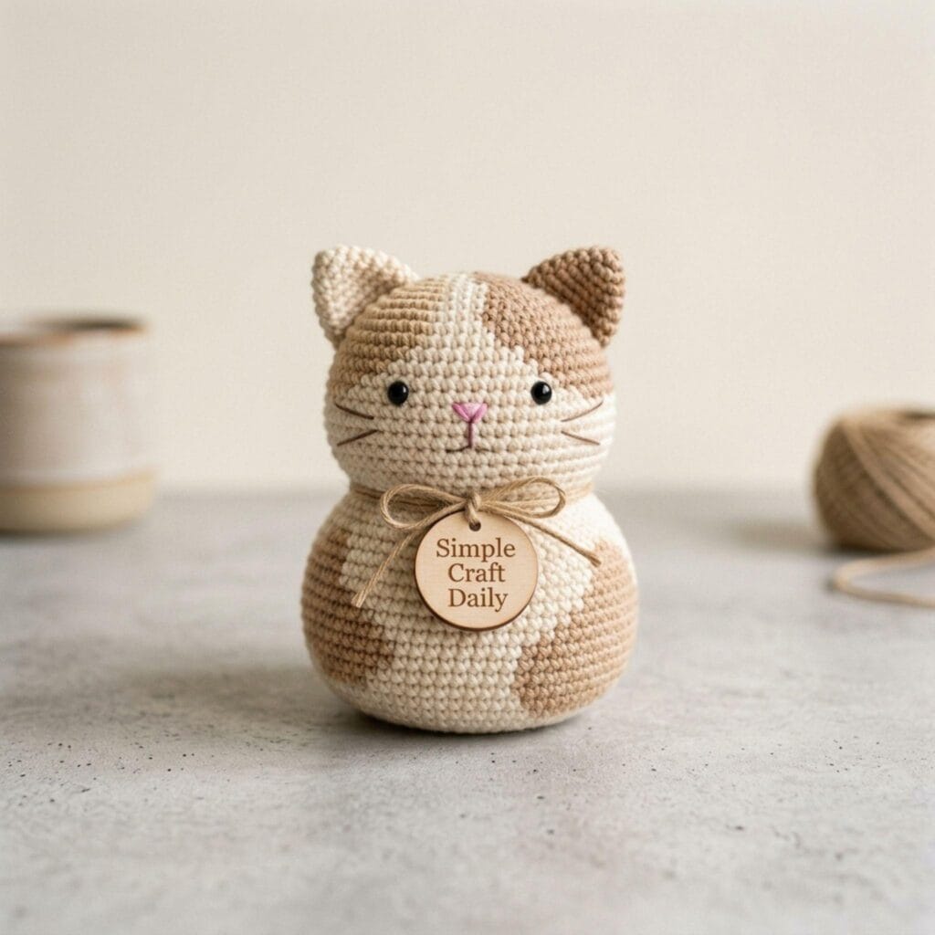 A round crochet amigurumi cat with calico patches sitting on a concrete desk.