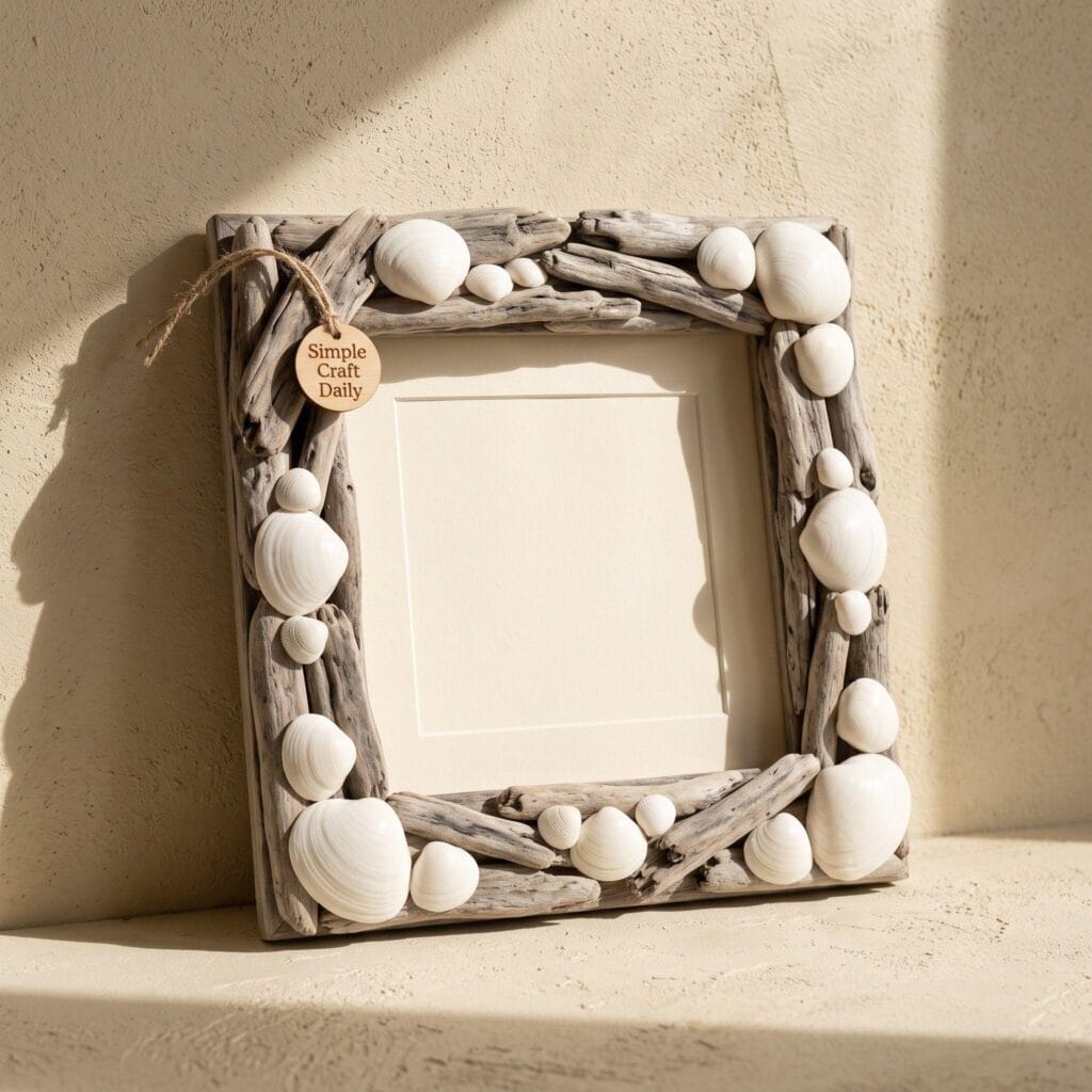 Picture frame made of driftwood and white shells.