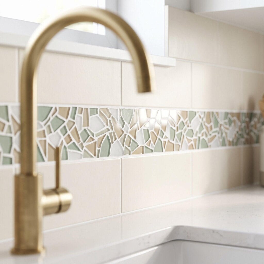 A modern kitchen sink area showing a narrow band of mosaic tile backsplash accent strip.