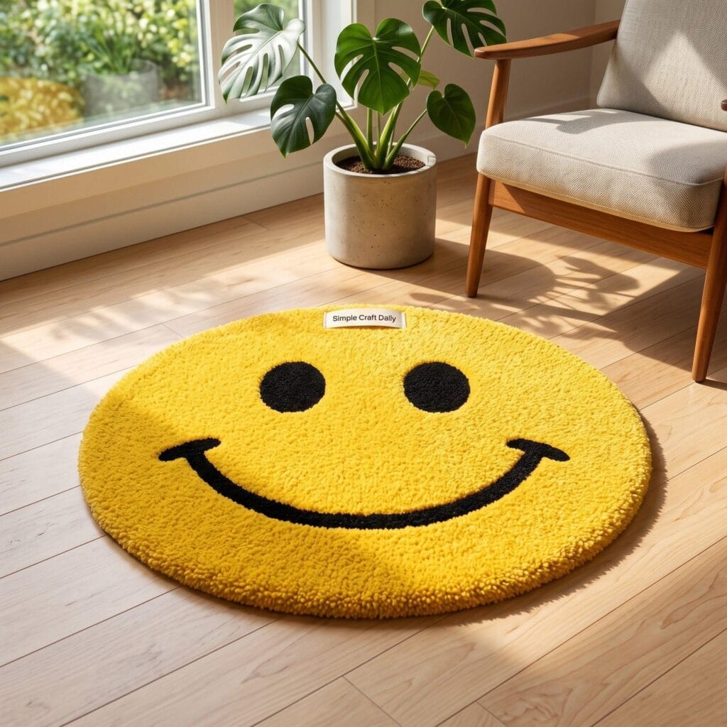 A vibrant yellow round tufted rug featuring a retro smiley face design.