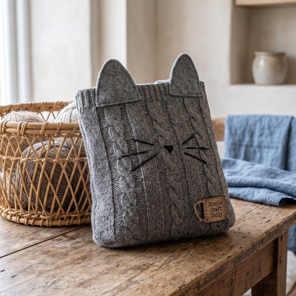 A textured bag made from an old grey sweater sleeve with felt cat ears.