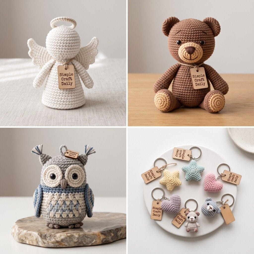 A 4-quadrant photo grid showing a cone-body angel, teddy bear, owl, and mini keychains.