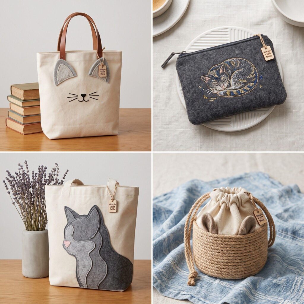 A four-quadrant photo grid showing different styles of DIY cat-themed bags.