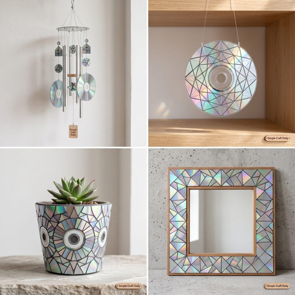 A four-quadrant photo grid showing CD wind chimes, a sun catcher, a mosaic plant pot, and a mosaic mirror frame.