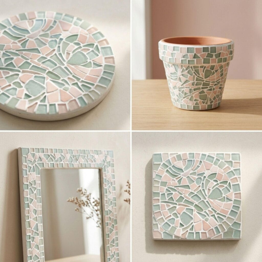 A 4-quadrant photo matrix grid showcasing four different creative mosaic art ideas.