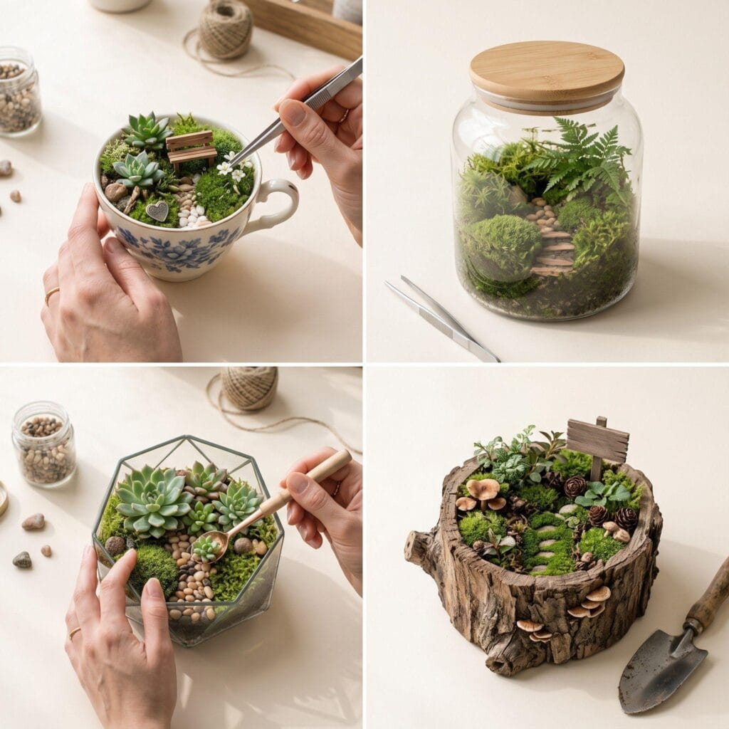 4-quadrant grid showing four different creative indoor terrarium and fairy garden designs.