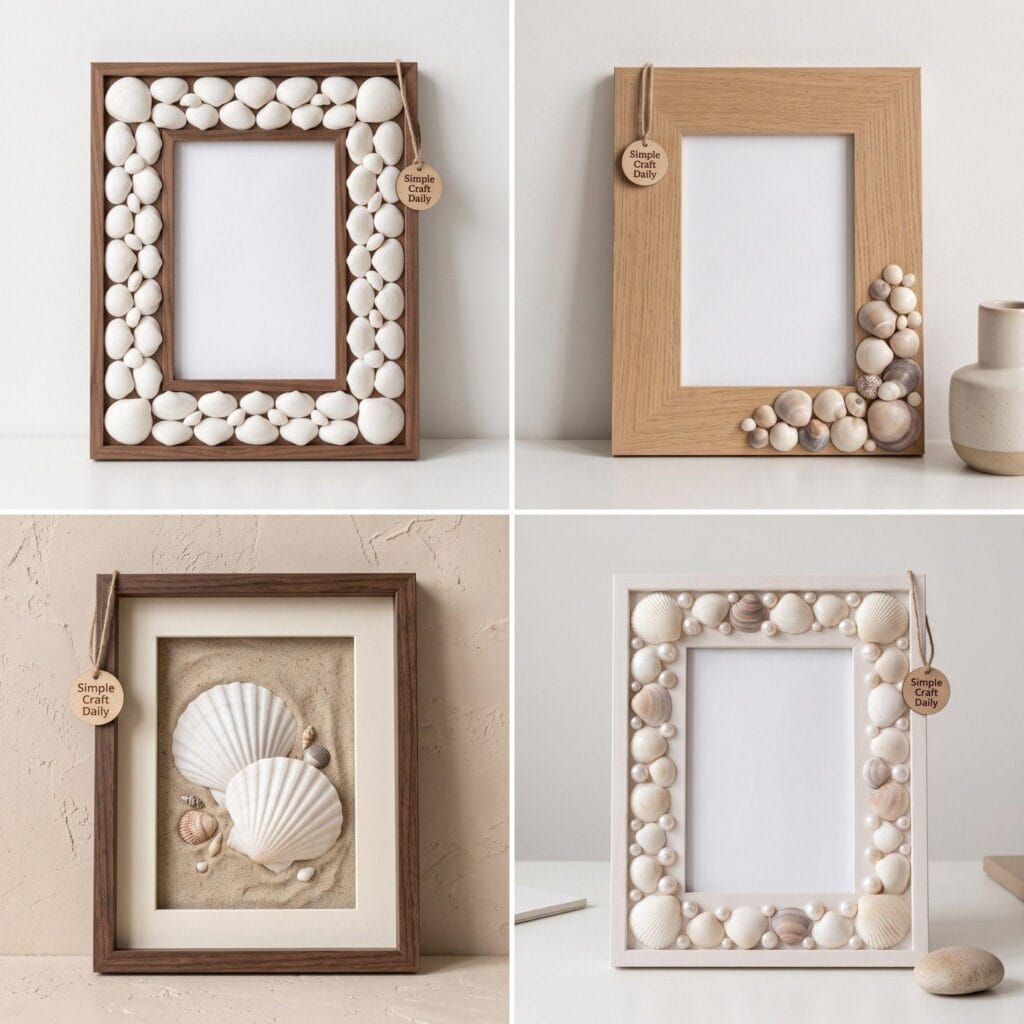 A grid showcasing four different seashell picture frame styles.