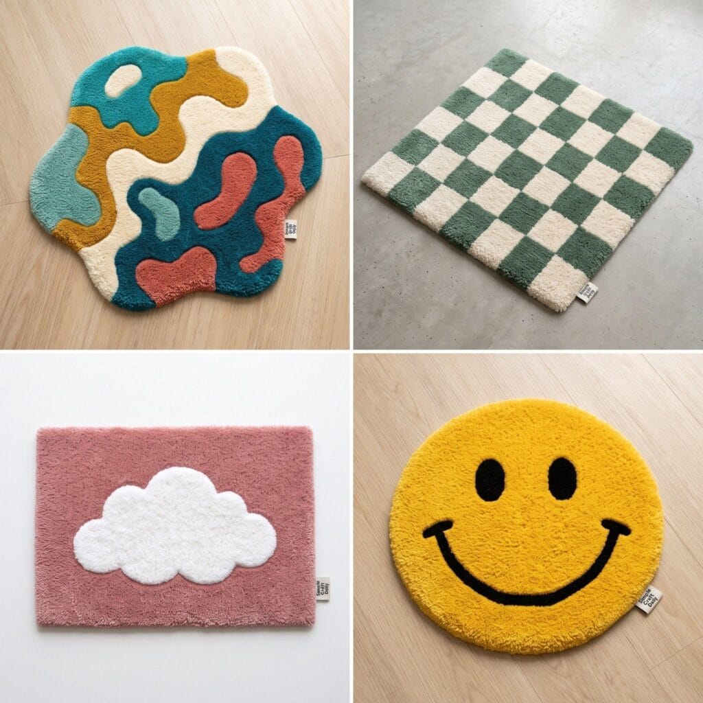A 4-quadrant photo grid showing an abstract blob rug, checkerboard pattern, cloud shape, and smiley face tufted rug.