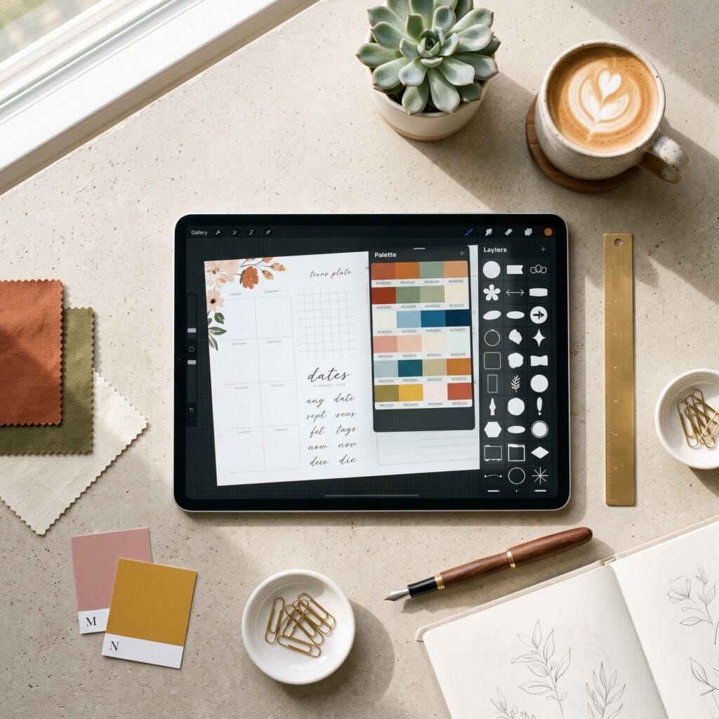 Flat lay of a tablet screen showing a digital planner template with a color palette and design layers on an aesthetic concrete desk with a coffee cup, succulent, and notebook.