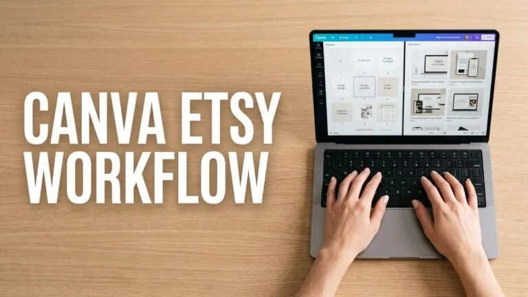 Overhead view of a person typing on a laptop opening the Canva app to design digital products, with bold white text overlay reading Canva Etsy Workflow.