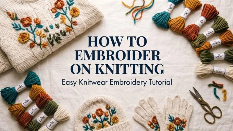 How to Embroider on Knitting featured banner showing embroidered knitwear and yarn