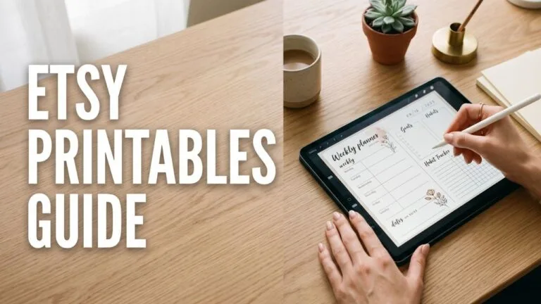 An editorial studio desk flat lay with a large text overlay reading 'Etsy Printables Guide' alongside female hands using a digital stylus to design a planner on a premium tablet.