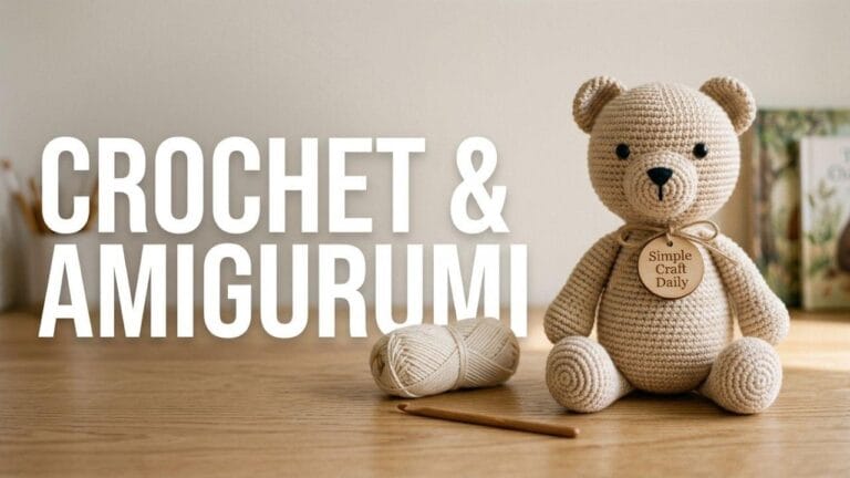 A beautiful crochet teddy bear sitting securely on a desk next to bold typography reading CROCHET & AMIGURUMI.