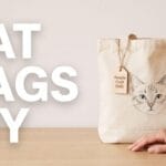 Minimalist desk showing a finished canvas cat tote bag and text reading CAT BAGS DIY.