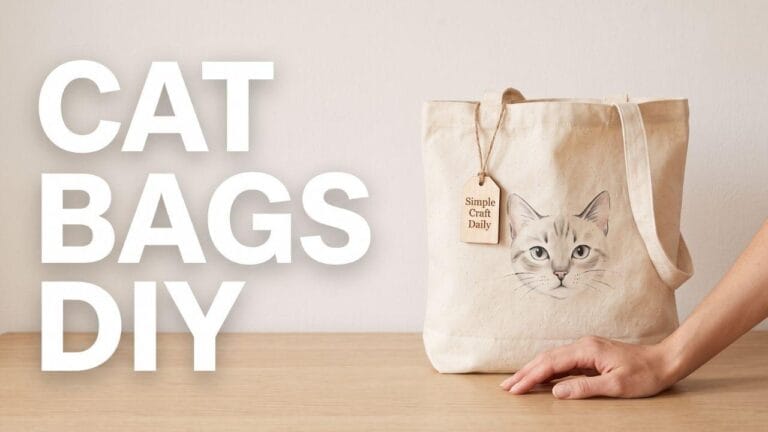 Minimalist desk showing a finished canvas cat tote bag and text reading CAT BAGS DIY.