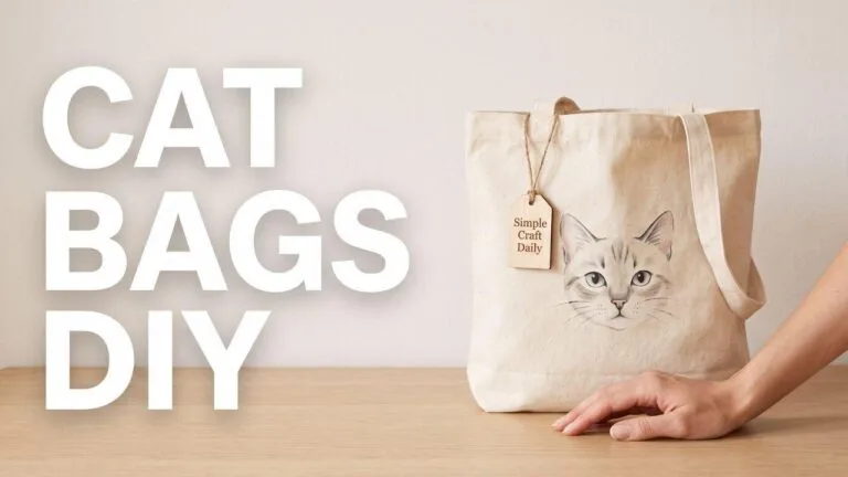 Minimalist desk showing a finished canvas cat tote bag and text reading CAT BAGS DIY.
