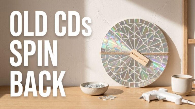 A beautifully finished flat CD upcycling craft leaning on a desk with typography reading OLD CDs SPIN BACK.