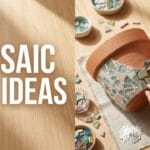Minimalist flat lay of hands making mosaic art next to bold text for DIY creative mosaic ideas.