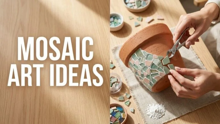Minimalist flat lay of hands making mosaic art next to bold text for DIY creative mosaic ideas.