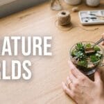Flat lay of hands making a fairy garden next to bold white text for DIY miniature worlds.