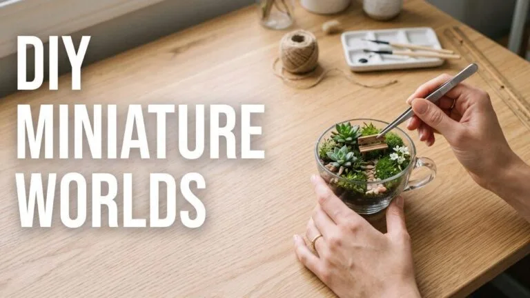 Flat lay of hands making a fairy garden next to bold white text for DIY miniature worlds.