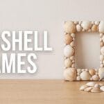 Minimalist flat lay of a seashell frame and crafting tools.