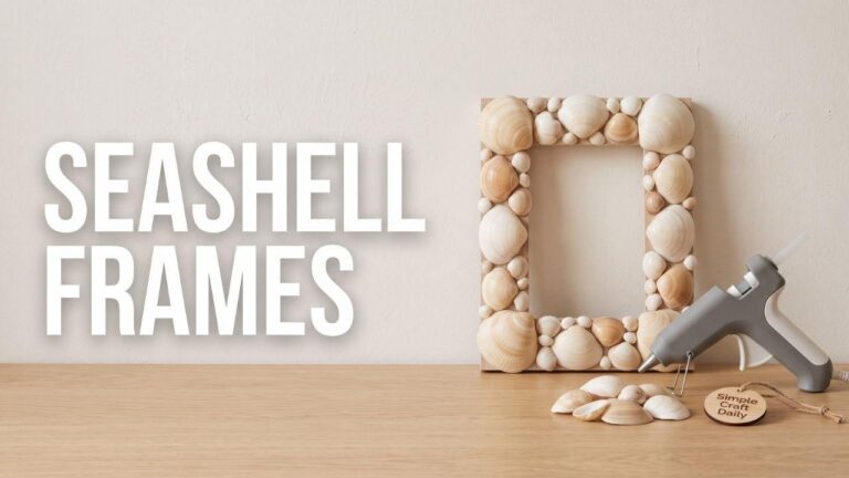 Minimalist flat lay of a seashell frame and crafting tools.