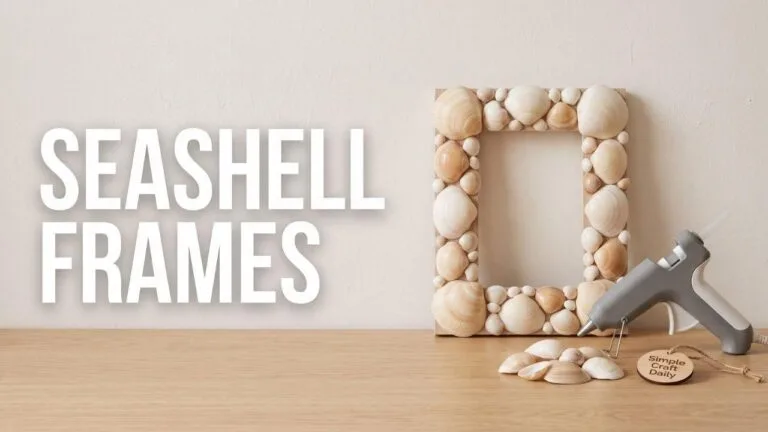 Minimalist flat lay of a seashell frame and crafting tools.