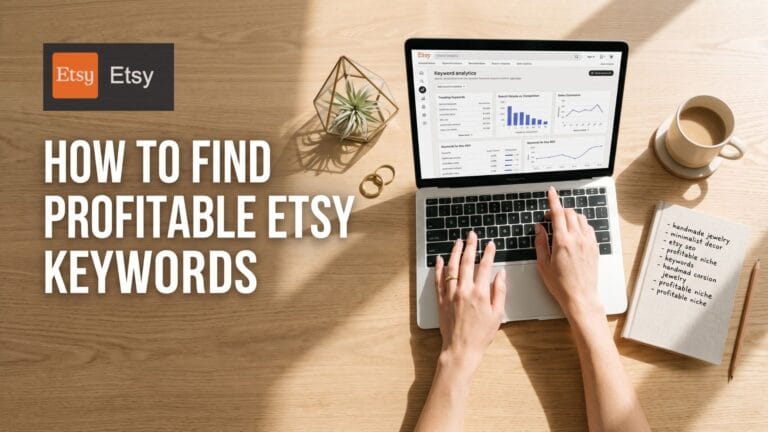 An overhead view of a woman's hands typing on a laptop on a sunny wooden desk. The laptop screen shows an Etsy 'Keyword analytics' page with performance charts. The main text on the left reads: 'HOW TO FIND PROFITABLE ETSY KEYWORDS'. A physical notebook to the right has a list of handmade jewelry and decor-related keywords.