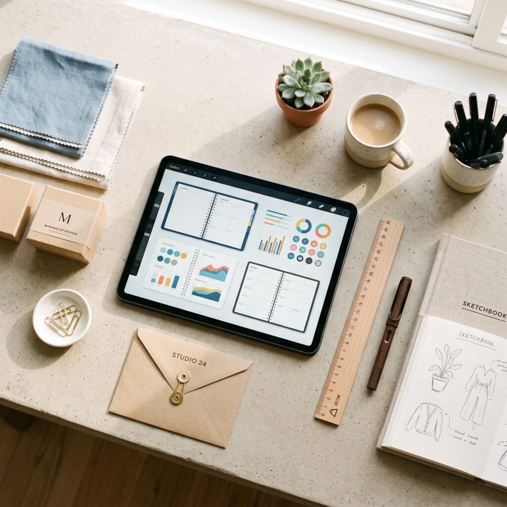 A shot of a modern minimalist digital artist workspace featuring an open tablet with planner templates, surrounded by clean stationery and a cup of coffee.