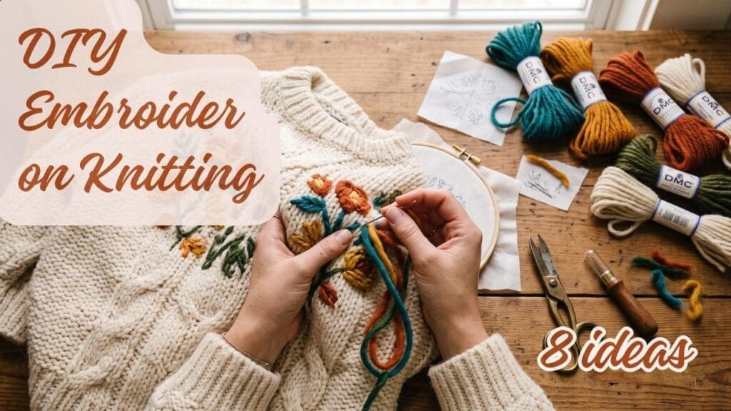 Flatlay of chunky sweater being embroider on knitting with tapestry wool and craft supplies.