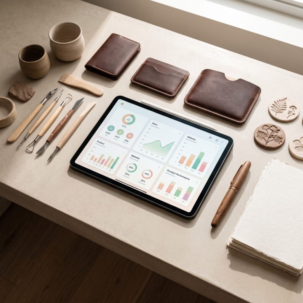 Ultra-realistic top-down flat lay of a modern minimalist artisan desk with a tablet displaying colorful business growth graphs.