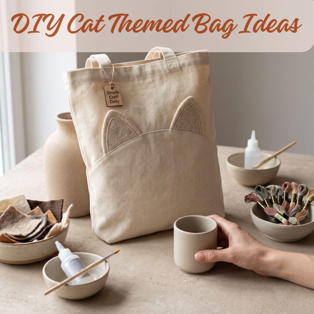 Overhead view of an artisan workspace with a completed felt ear cat tote and craft supplies.