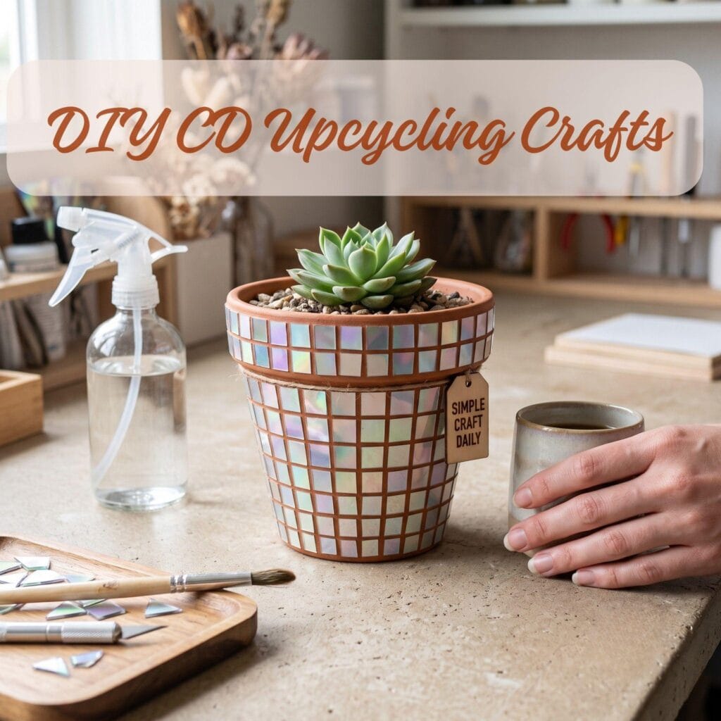 A completed DIY terracotta plant pot decorated with CD mosaic shards standing flat on a concrete table.