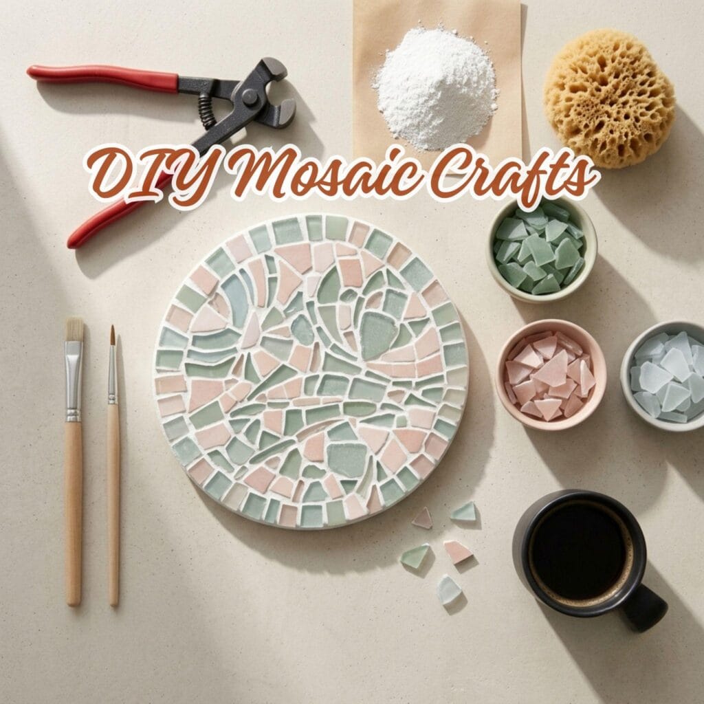 Top-down flat lay of an artisan craft studio workspace with tile nippers, mosaic tiles, and grout.